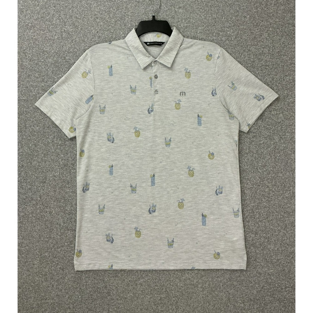 Travis Mathew Call The Shots Polo Shirt L Grey Heather Tiki Bar Cocktails Print